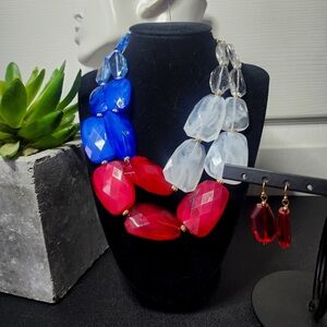 Red White and Blue Double Strand Acrylic Necklace and Earrings Set